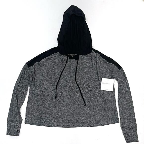 NEW Beyond Yoga S Cut Run Cropped Hoodie Pullover Black Spacedye Gray Drawstring - Picture 2 of 12